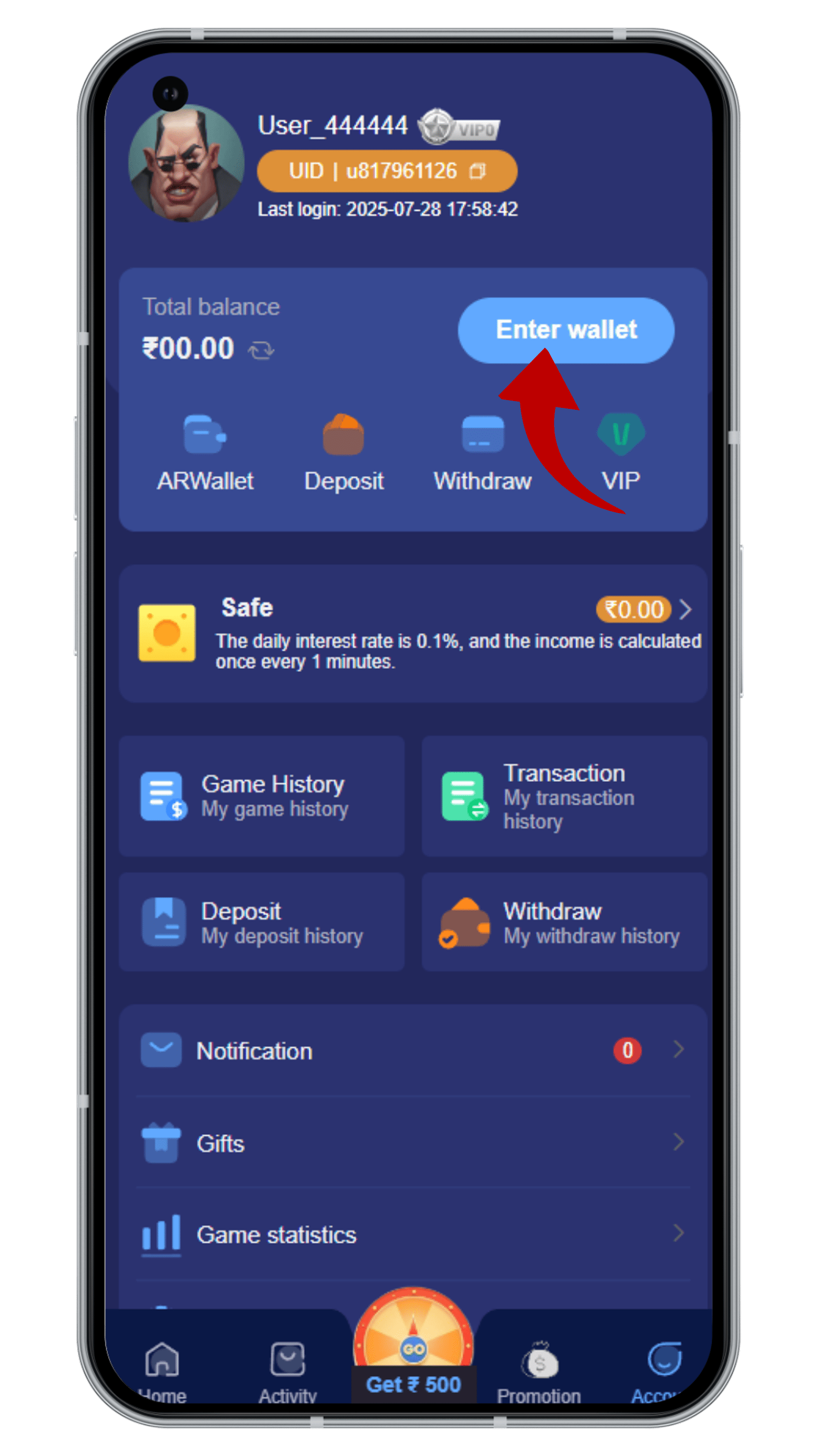 Click on the Wallet Section